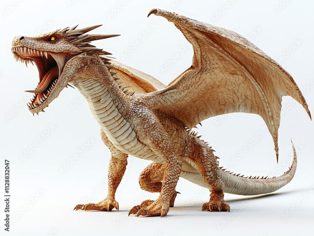 Full-body side view of a dragon with an open mouth, sharp teeth with wings, isolated on a white background Full-body side view of a dragon with an open mouth, sharp teeth with wings, isolated on a white background