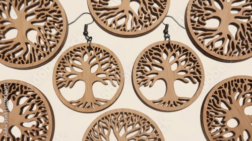 Handcrafted Laser Cut Wooden Round Stud Earrings on a Rustic Jewellery Ear Accessories Handmade
