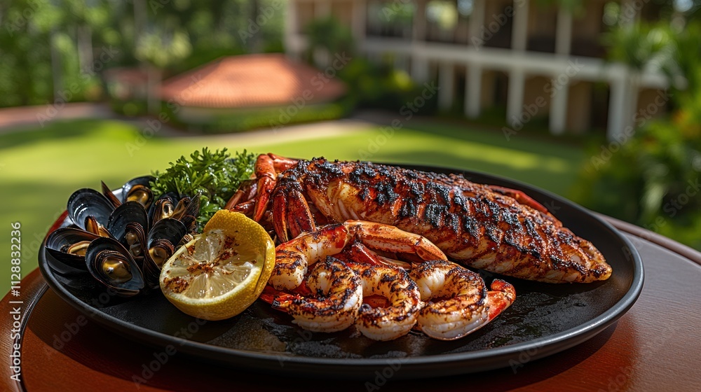 Grilled lobster, shrimp, and mussels on a plate. Grilled lobster, shrimp, and mussels on a plate.
