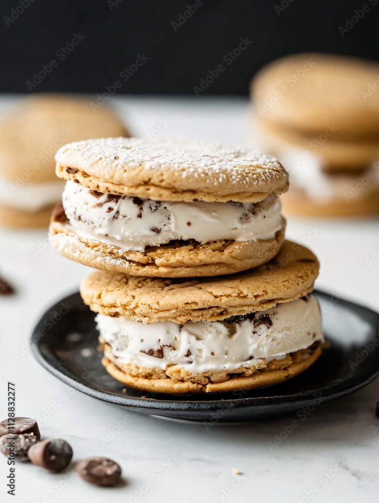 Stack of Chocolate Chip Cookie Ice Cream Sandwiches with Powdered Sugar on Black Plate Stack of Chocolate Chip Cookie Ice Cream Sandwiches with Powdered Sugar on Black Plate