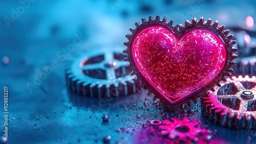 Illustration of a glowing heart, connected to gears turning, symbolizing passion driving hard work. photo