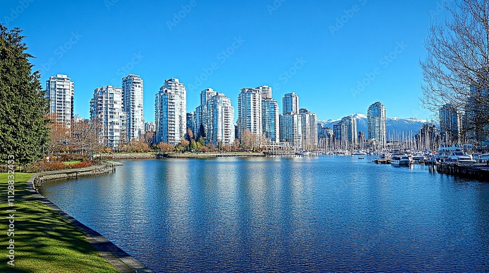 Naklejka premium Modern Waterfront Cityscape with High-Rise Buildings and Marina
