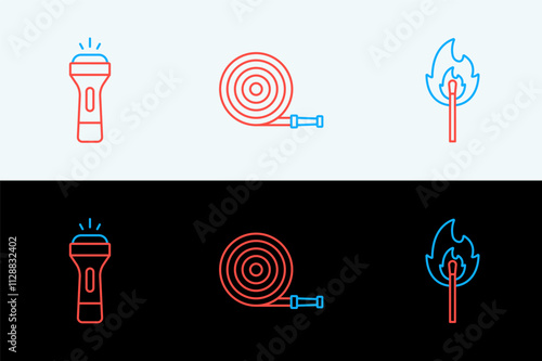 Set line Burning match with fire, Flashlight and Fire hose reel icon. Vector