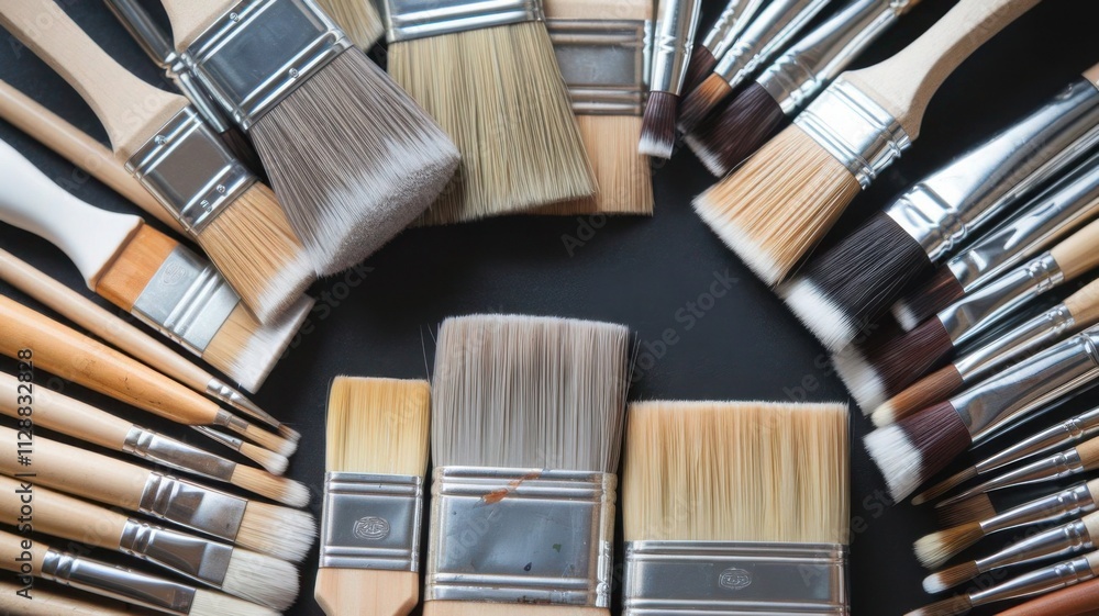 Fototapeta premium Assorted Paint Brushes Variety on Table, Featuring a Comprehensive Collection of High-Quality Painting Brushes for Artists, Ideal for Detailed Artwork, Creative Projects, and Professional Use