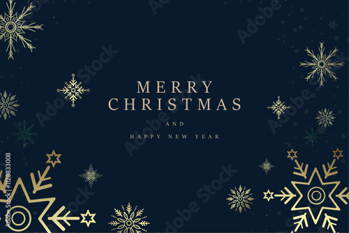 A Happy New Year banner with premium frame for Christmas, Happy New Year vector design. A banner of premium Christmas concepts, gold snow flakes on dark blue background.
