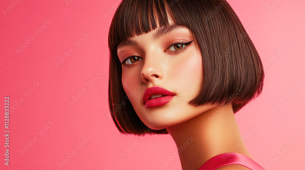 Minimalist beauty focus with striking makeup and mocha mousse bob haircut Minimalist beauty focus with striking makeup and mocha mousse bob haircut