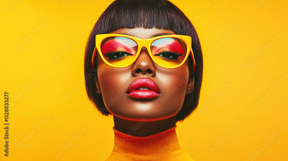 This striking portrait showcases a woman with sharp, vivid makeup and slick, colorful hair This striking portrait showcases a woman with sharp, vivid makeup and slick, colorful hair