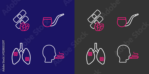 Set line Man smoking a cigarette, Disease lungs, No pipe and Medical nicotine patches icon. Vector