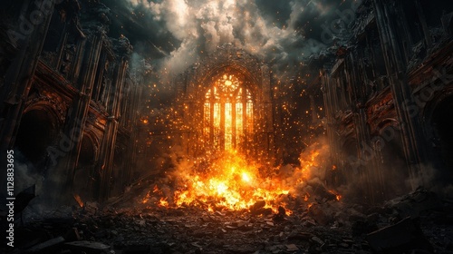 A fire is burning in a ruined church