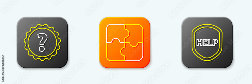 Set line Question mark, Piece of puzzle and Shield with text Help icon. Vector Set line Question mark, Piece of puzzle and Shield with text Help icon. Vector