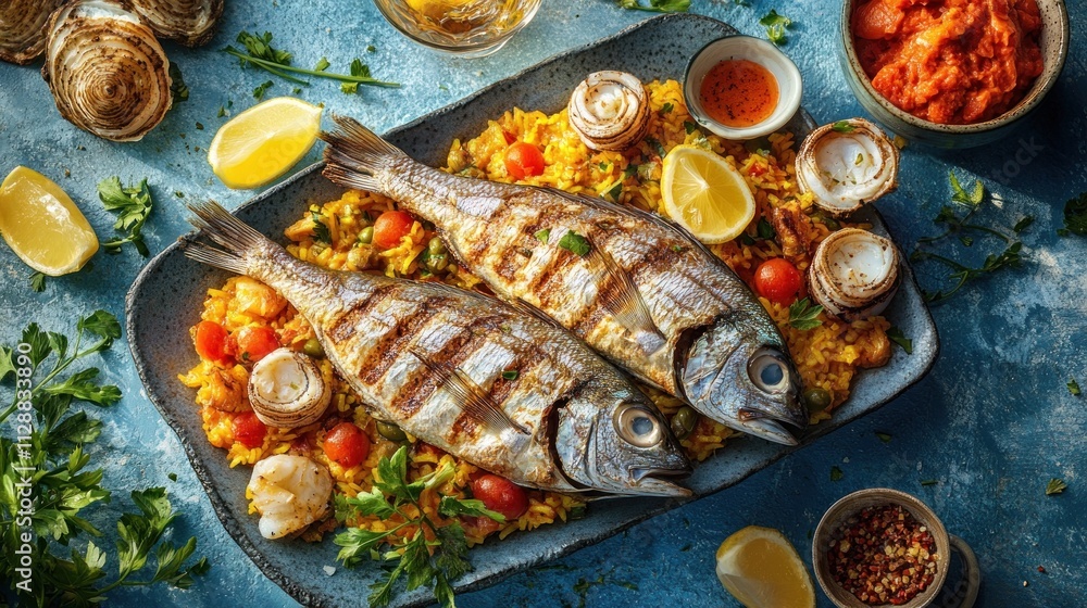 Grilled fish on saffron rice with seafood.