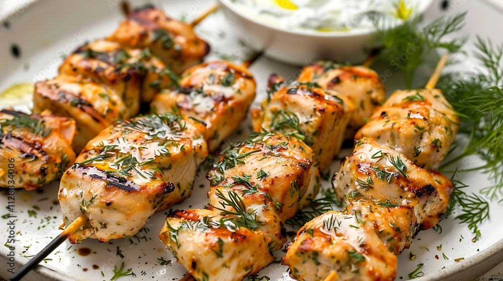 A dish of well cooked chicken fish kebabs accompanied by tzatziki sauce A dish of well cooked chicken fish kebabs accompanied by tzatziki sauce