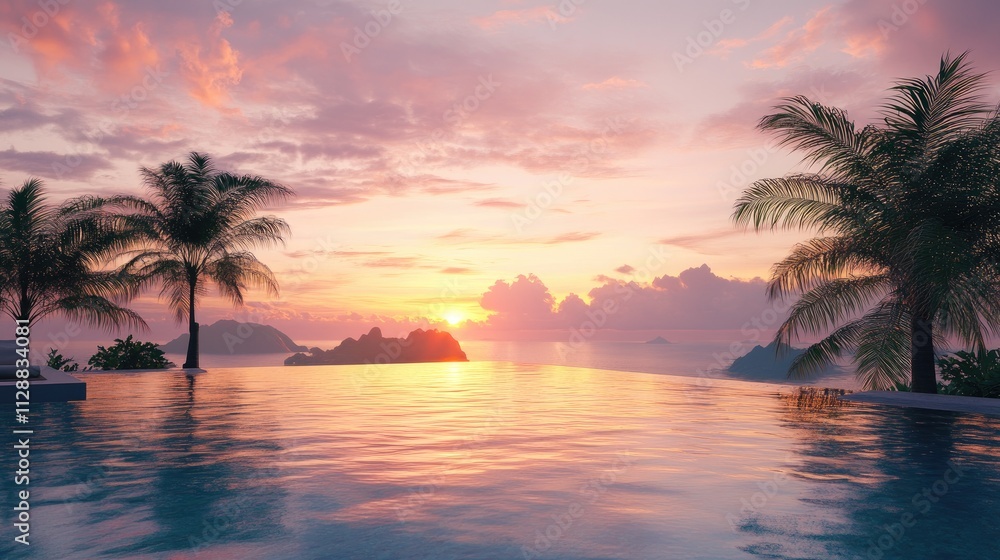 Stunning sunset over ocean, viewed from infinity pool with palm trees. Stunning sunset over ocean, viewed from infinity pool with palm trees.