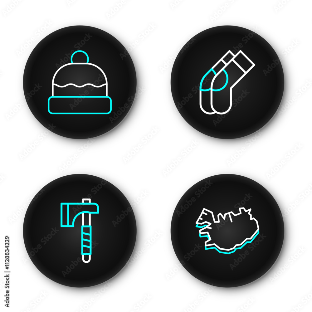 Set line Map of Iceland, Wooden axe, Socks and Beanie hat icon. Vector Set line Map of Iceland, Wooden axe, Socks and Beanie hat icon. Vector
