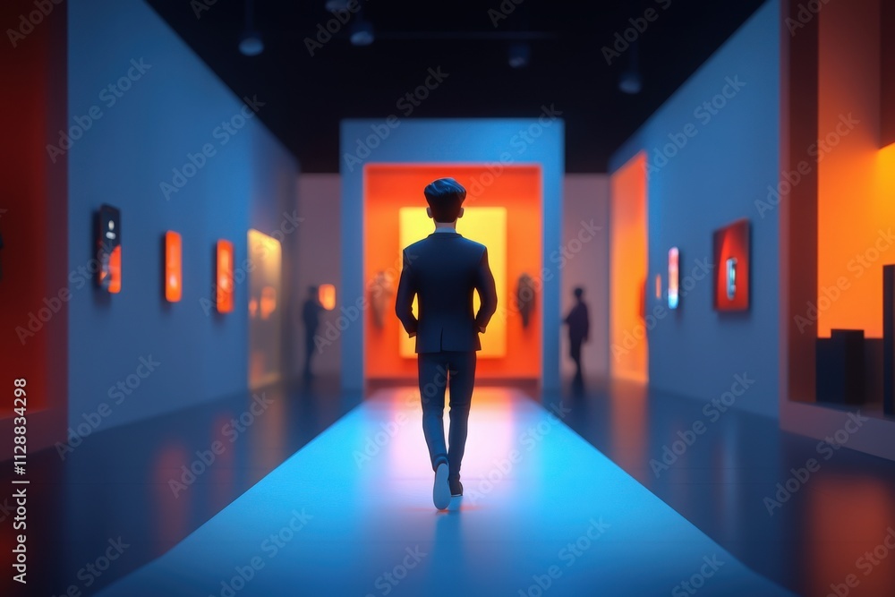 A figure walks along a brightly lit path in a contemporary art gallery, surrounded by colorful wall displays. The atmosphere appears dynamic and engaging, showcasing various artworks. A figure walks along a brightly lit path in a contemporary art gallery, surrounded by colorful wall displays. The atmosphere appears dynamic and engaging, showcasing various artworks.
