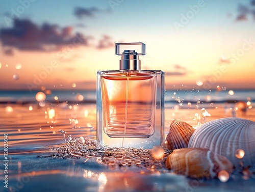 Oceanthemed fragrance bottle with water waves, seashells, and a starry sky photo