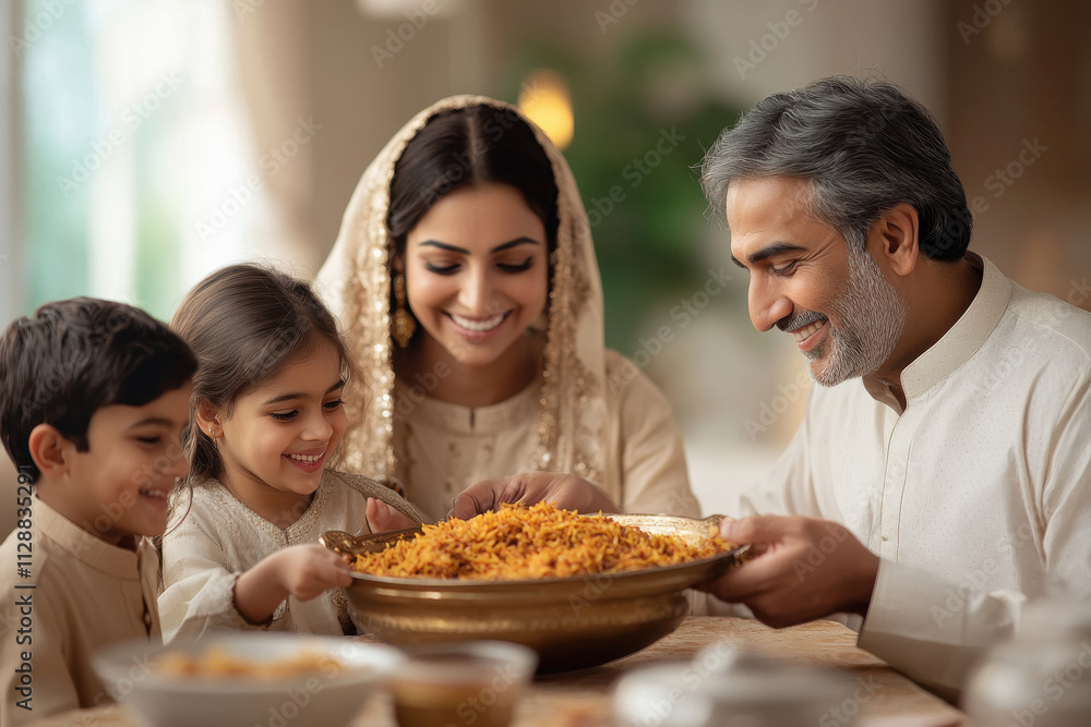 happy muslim family enjoying biryani together happy muslim family enjoying biryani together