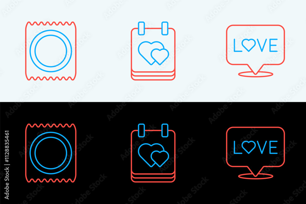 Set line Love text, Condom in package and Calendar with heart icon. Vector Set line Love text, Condom in package and Calendar with heart icon. Vector