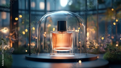 Perfume bottle inside a glass dome, surrounded by miniature forests and fairylike lighting