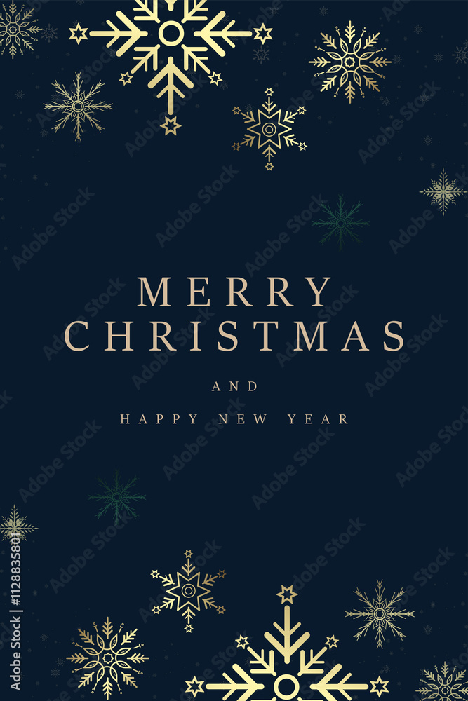 A Happy New Year banner with gold snow flakes on dark blue background. Luxury snow flakes frame for Christmas and New Year with small snow flakes, vector design A Happy New Year banner with gold snow flakes on dark blue background. Luxury snow flakes frame for Christmas and New Year with small snow flakes, vector design