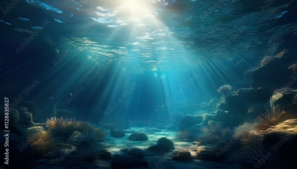 underwater scene with rays of light or Underwater Sea - Deep Water Abyss
