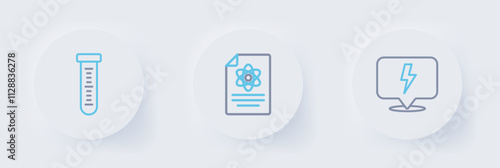 Set line Lightning bolt, Chemistry report and Test tube icon. Vector