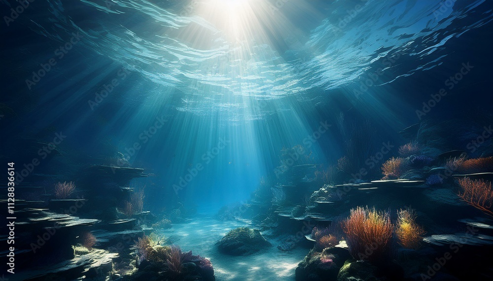 underwater scene with rays of light or Underwater Sea - Deep Water Abyss underwater scene with rays of light or Underwater Sea - Deep Water Abyss