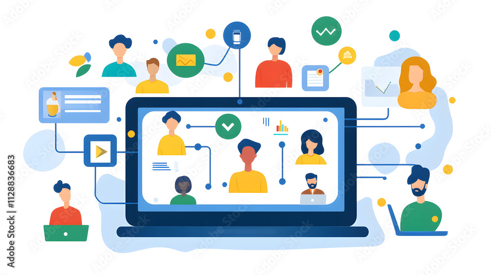 Illustration of a laptop screen showing a team video conference with various communication icons. It depicts seamless online collaboration and networking. Illustration of a laptop screen showing a team video conference with various communication icons. It depicts seamless online collaboration and networking.