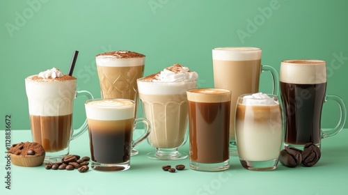 Wallpaper Mural Assorted Coffee Drinks Displayed Against A Green Background Torontodigital.ca