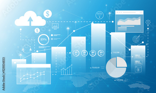 Financial graphs, investment, stock market, business analysis on blue background