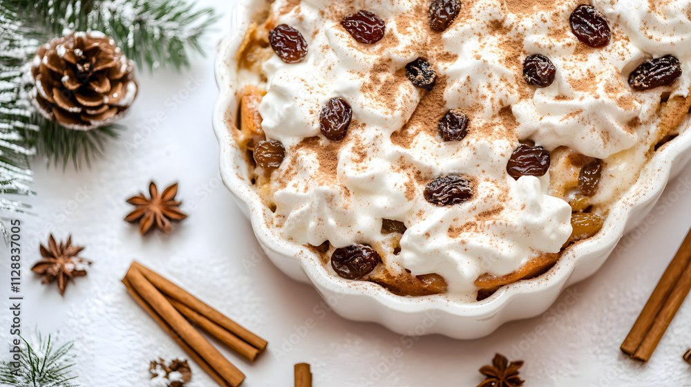 Delicious bread pudding topped with whipped cream, raisins, and cinnamon. Festive winter scene with pine cones and star anise. Perfect for holiday celebrations. Delicious bread pudding topped with whipped cream, raisins, and cinnamon. Festive winter scene with pine cones and star anise. Perfect for holiday celebrations.
