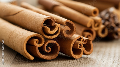 Close-up of aromatic cinnamon sticks arranged artistically, showcasing their rich brown color and curled texture, evoking warmth and comfort. photo