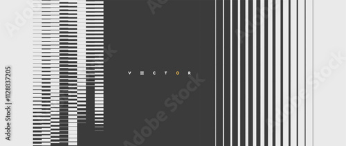 Black and white image of multiple lines of different thicknesses with transition and shift effect. Dynamic gradient pattern. Vector for banner, flyer, cover or brochure.