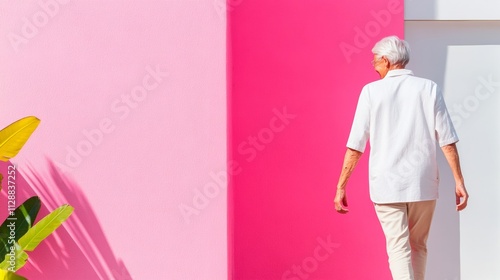 Elderly Woman Walking Outdoors on International Health Day in Bright, Modern Setting for Christmas and New Year