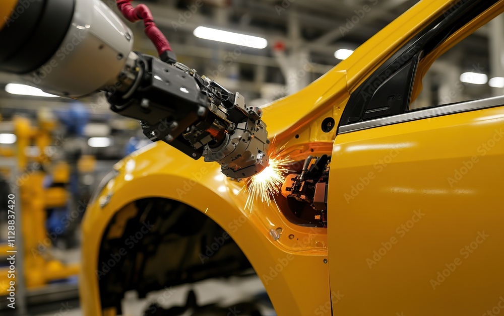 A robotic arm performs welding on a yellow car's body in an automotive factory, showcasing advanced manufacturing technology. A robotic arm performs welding on a yellow car's body in an automotive factory, showcasing advanced manufacturing technology.