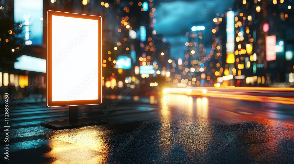 Empty Light Box on Urban Street at Night with Glowing City Lights Empty Light Box on Urban Street at Night with Glowing City Lights