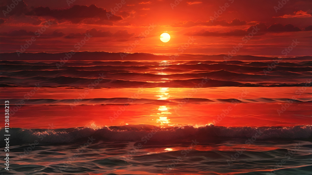 Fototapeta premium Red sunset reflecting over calm ocean waves, capturing the serene beauty of twilight.