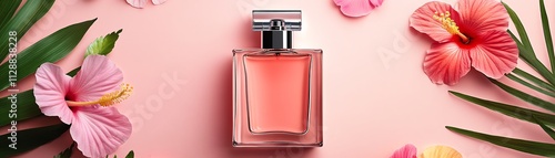 Vibrant coral perfume bottle surrounded by tropical flowers like hibiscus and frangipani