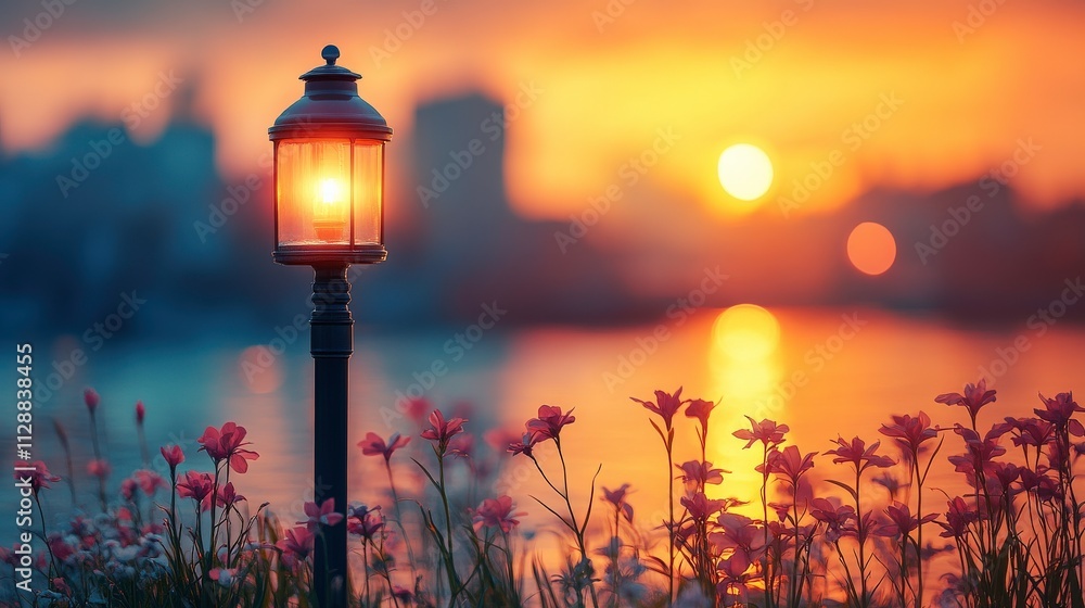 Obraz premium Sunset Over Tranquil Lake with Lamp Post and Flowers, Capturing a Serene Atmosphere with Soft Colors and Peaceful Reflections in the Water