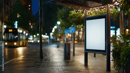 Empty Urban Bus Stop at Night with Street Lights and Traffic