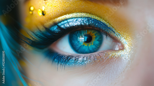 A striking blue eye surrounded by perfectly applied makeup. photo