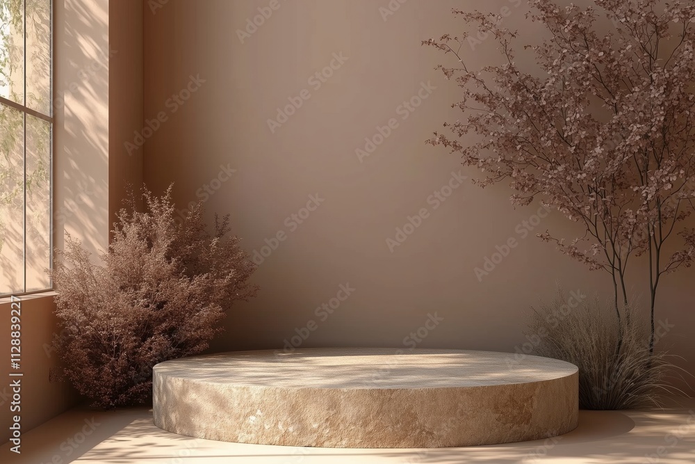 Stone Podium for promotion on mocha Background. Natural pedestal. Two stone podiums with floral shadow. Beauty product mockup. Scene to show products. Showcase, display case. Front View Stone Podium for promotion on mocha Background. Natural pedestal. Two stone podiums with floral shadow. Beauty product mockup. Scene to show products. Showcase, display case. Front View