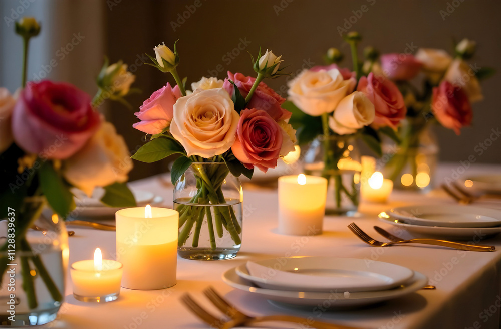 Obraz premium Beautifully decorated table with roses and candles, designed to create a serene ambiance for special occasions, suitable for hospitality or decor advertising. Selective focus