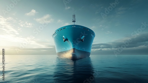 A colossal blue cargo ship dominates the seascape, its massive form captured in a frontal view. Engrossed in vital cargo exchange operations, the vessel plies the horizon