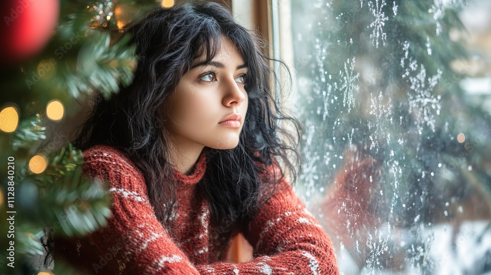 A despondent young woman sits by the Christmas tree, her gaze lost out the window. The holiday season brings no joy, only a sense of loneliness and isolation A despondent young woman sits by the Christmas tree, her gaze lost out the window. The holiday season brings no joy, only a sense of loneliness and isolation