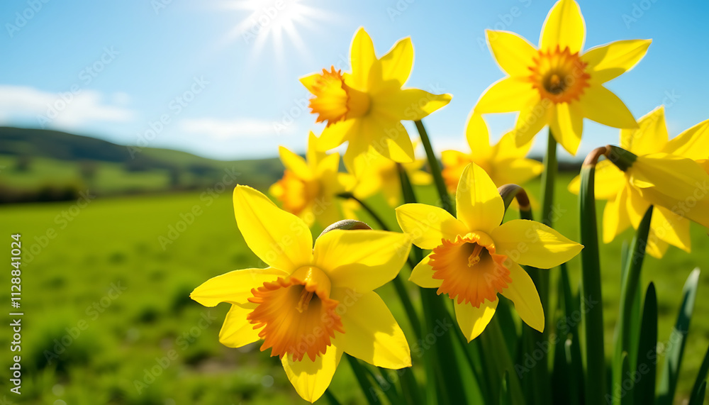 Fototapeta premium Spring daffodils blooming in a sunny field with a bright blue sky and rolling hills