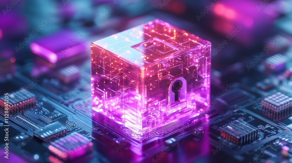 Glowing cube with keyhole on circuit board.