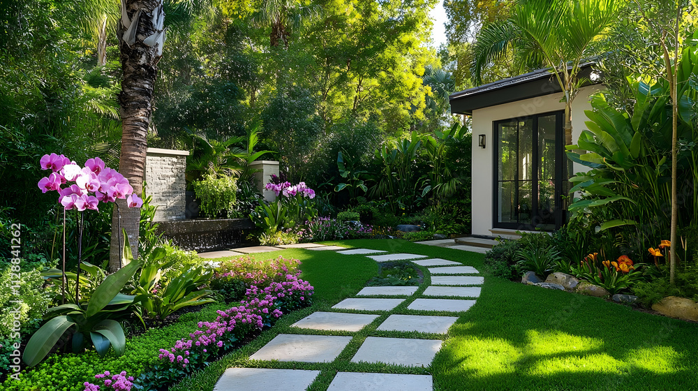 Fototapeta premium Bangkok tropical garden with orchids and water features, vibrant Thai sanctuary