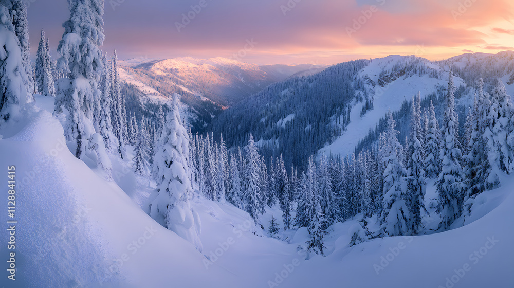 A tranquil alpine valley filled with layers of soft untouched powder snow at dawn. A tranquil alpine valley filled with layers of soft untouched powder snow at dawn.