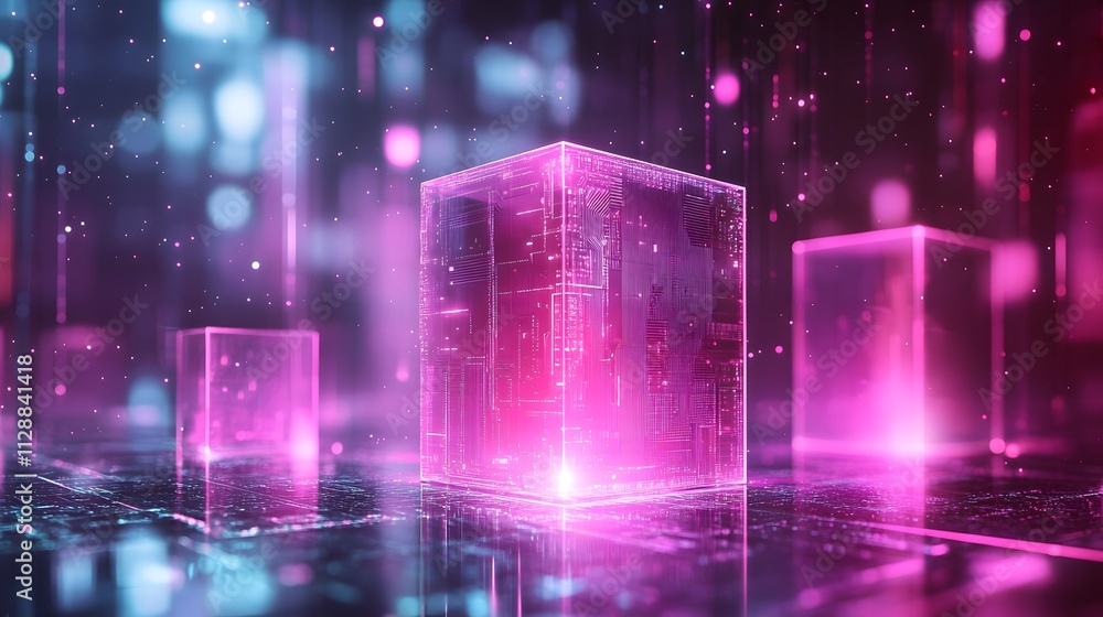 Fototapeta premium Glowing digital cubes on futuristic surface.
